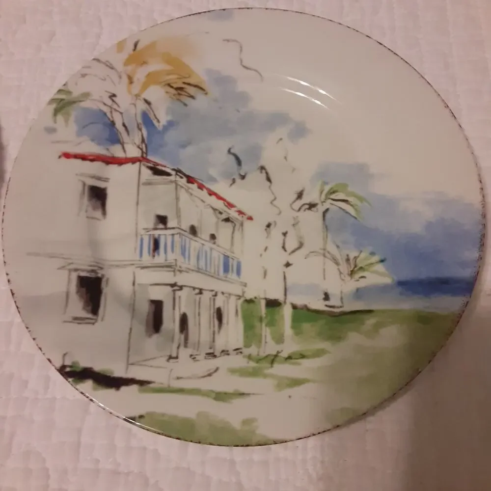 Pier 1 Destination Plates x4 Plus Hangers Travel Decorative Vibrant 7.5x7.5
